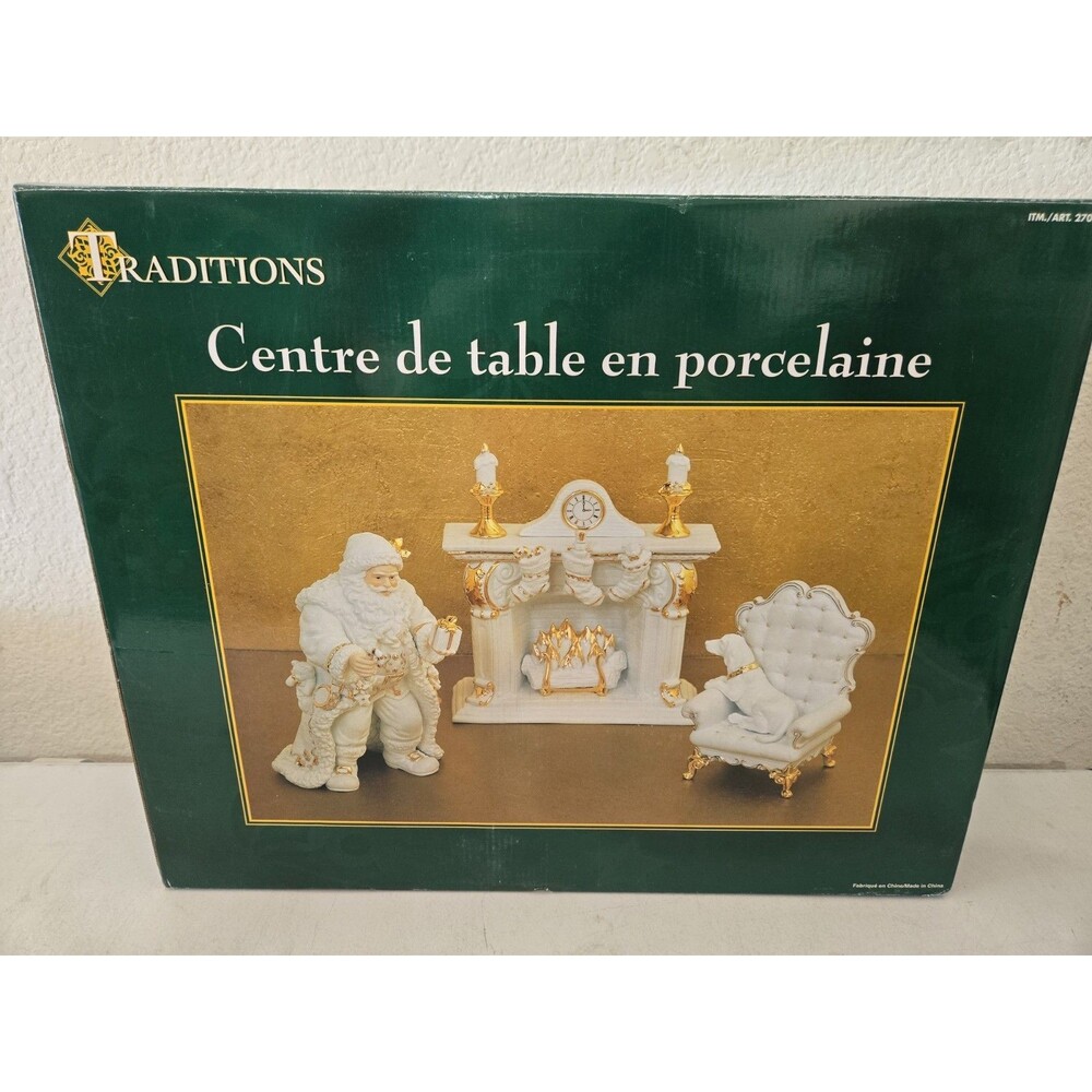 NEW Traditions Porcelain Centerpiece Set Santa / Fireplace / Dog / Gold Trim